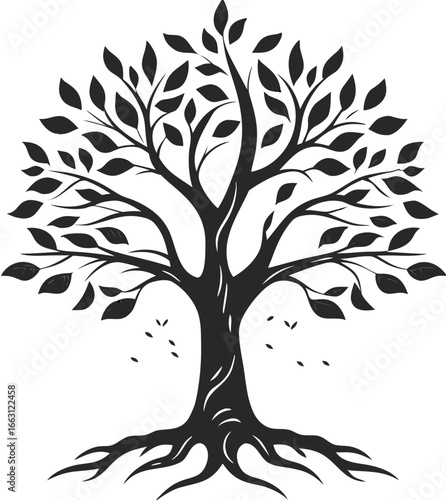 line art nature logo vector design oak tree inside circle, abstract tree logo symbol inside circle  