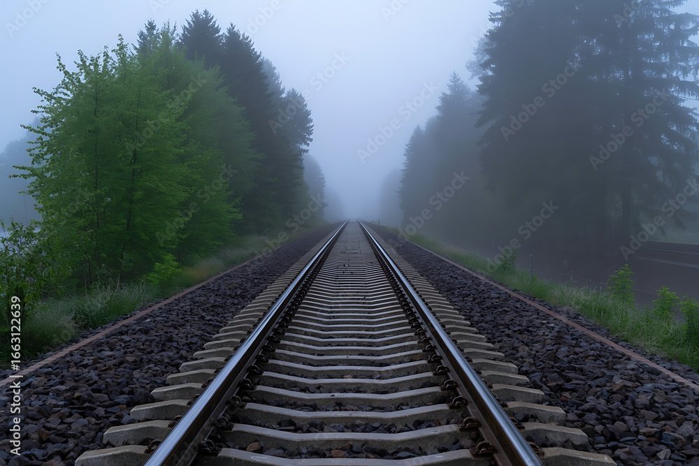 Fototapeta premium A foggy morning view down a railroad track disappearing into the distance