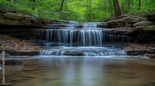 Cascading waterfall in lush forest