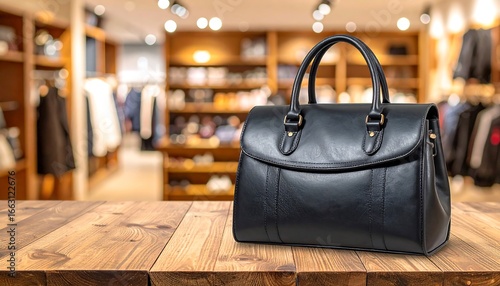 Black Handbag Displayed on Wooden Table in Store