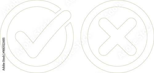 Green Check Mark and Cross in Circle with Outline on Transparent Background