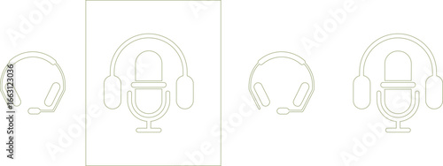 Green Outline Icons Set Featuring Headset and Microphone on Transparent Background