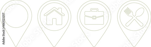 Location Pins with House, Briefcase and Utensils Olive Green Outline on White