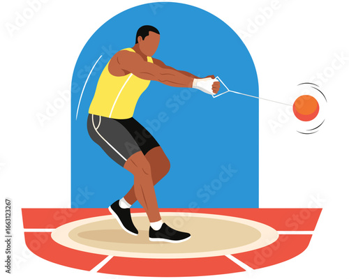 Athletic Hammer Thrower in Action at the Stadium Performing Powerful Swing in Track and Field Competition in Sportswear