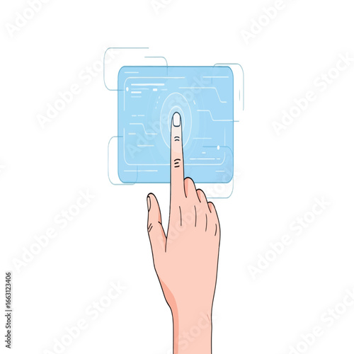 Hand touching a futuristic tablet screen with a fingerprint sensor.