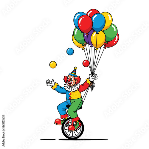 A colorful clown balancing on a unicycle while juggling and surrounded by balloons.