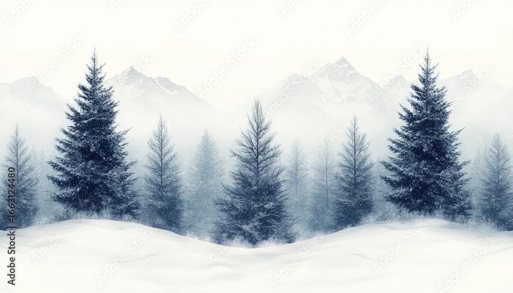 Naklejka premium Serene winter landscape featuring snow-covered mountains and evergreen trees in a foggy atmosphere