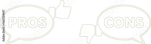 Pros and Cons Line Art with Thumbs Up and Down Icons on a Transparent Background