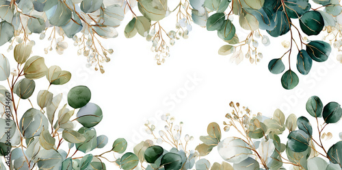 Watercolor Eucalyptus design features painted leaves on white. Perfect for wedding invitations, branding, or posters.