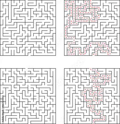 Four mazes two solved two unsolved showing paths