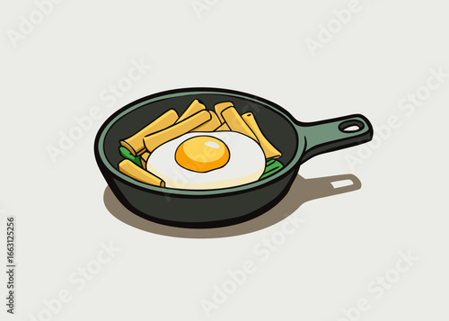 Fried Egg with Fries Illustration – Cooking Pan Food Vector