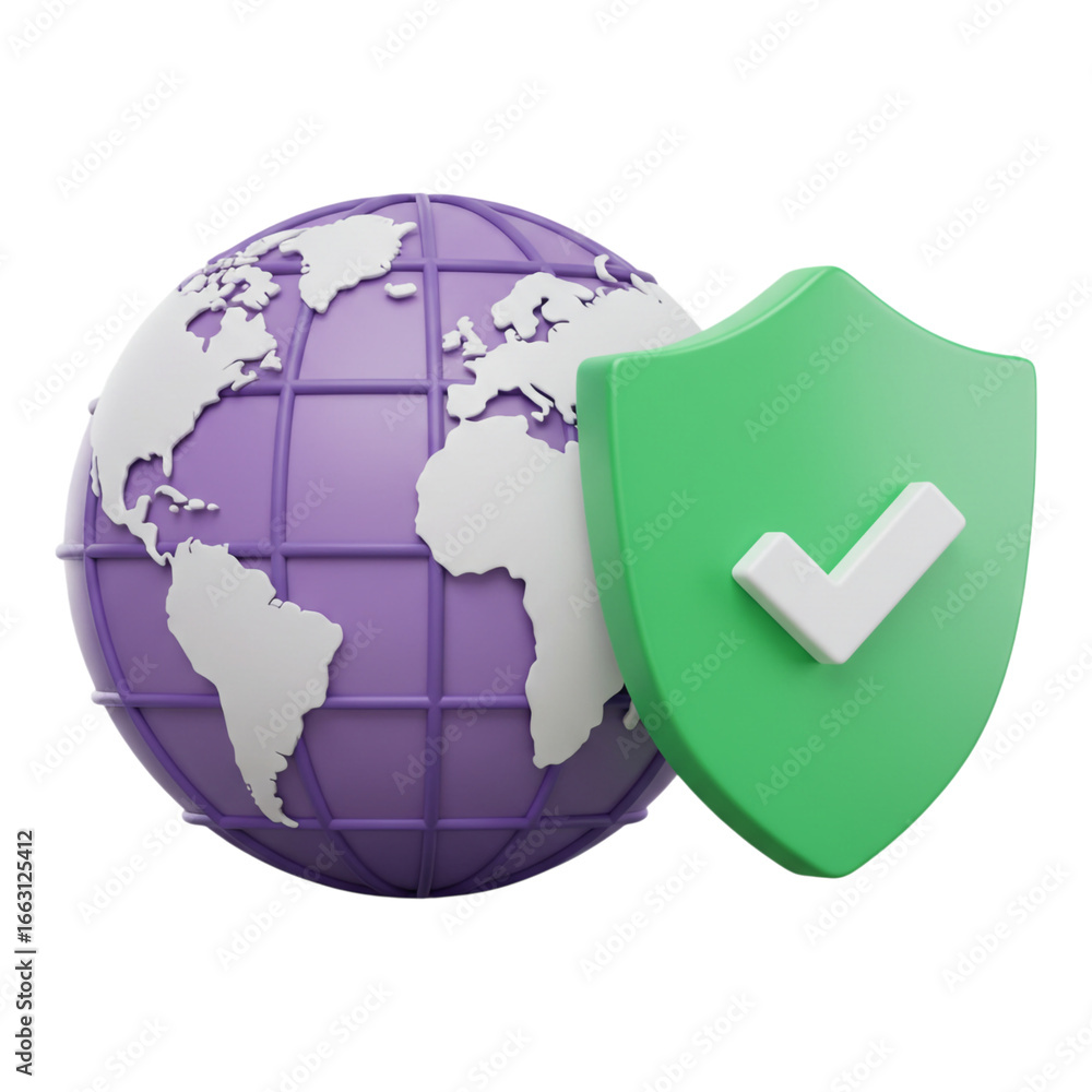 Fototapeta premium 3d globe with green shield and checkmark isolated on transparent background