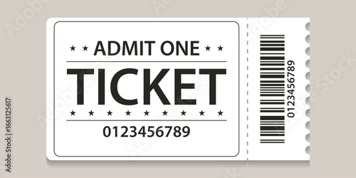 Admit one ticket with bar code. concert and festival event, movie theater coupon. Vector illustration ticket on the isolated background.
