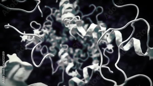 prions folding proteins in a cascade, the camera rotating around malformed structures resembling origami collapsing