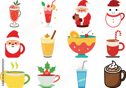 Festive Christmas Drinks Collection Holiday Beverages and Cocktails in Vector Illustration