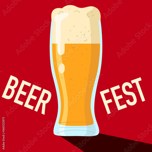 Beer advertisement design. Oktoberfest festival. A glass of cold beer with foam. Retro beer vector poster on a red background. Trendy retro art for pub and bar