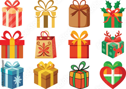Festive Christmas Gift Boxes Collection with Decorative Bows and Ribbons on Black