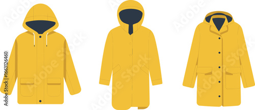 Yellow raincoats with hoods, waterproof jackets, long raincoat styles, front pockets, button closures, casual outerwear, weather protection, rainy day fashion, unisex rainwear collection illustration