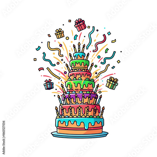 A vibrant, multi-layered birthday cake explodes with colorful confetti, gifts, and fireworks, celebrating a joyous occasion.
