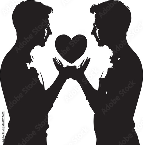 Two men in silhouette offer a glowing red heart between them, symbolizing love, connection, and shared emotion for the reason of World organ week