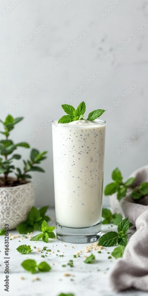 Probiotic Yogurt Smoothie with Mint in Tall Glass on Minimal White Background Probiotic Yogurt Smoothie with Mint in Tall Glass on Minimal White Background