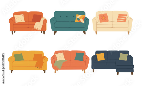Cozy sofa set in warm tones with modern decorations