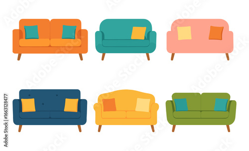 Colorful retro sofas with cushions on gradient background