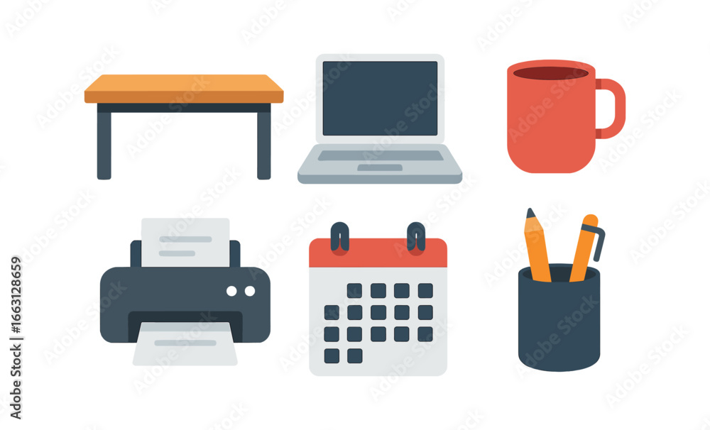 Flat design office essentials: desk, laptop, mug, printer, calendar, pencils Flat design office essentials: desk, laptop, mug, printer, calendar, pencils