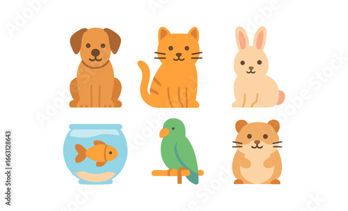 Cute cartoon pets set: bright flat style animals featuring dog, cat, rabbit, fish, bird, and hamster