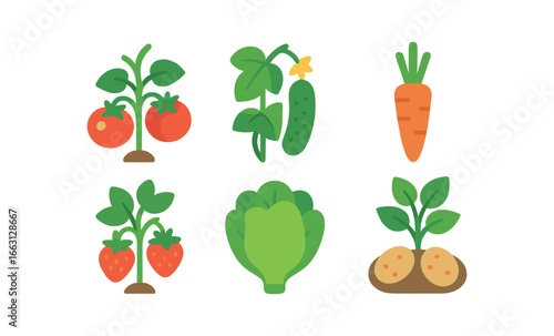 Glowing garden icons: vibrant vegetables and fruits in modern flat style