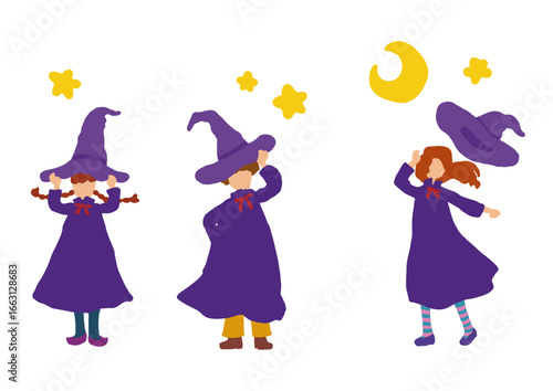 ハロウィンの仮装をする子供達と夜空