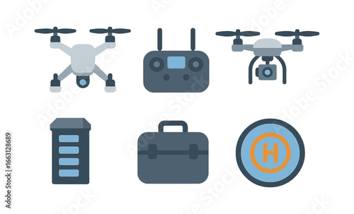 Modern drone equipment set in minimalistic glowing style with remote controller and landing pad