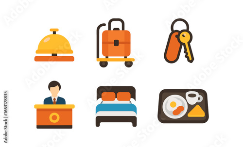 Colorful hotel service icons set in modern flat style