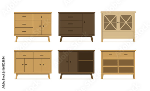 Mid-century modern sideboards in flat design with vintage tones