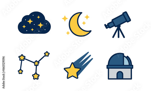 Glowing astronomy icons: night sky, moon, stars, telescope, observatory