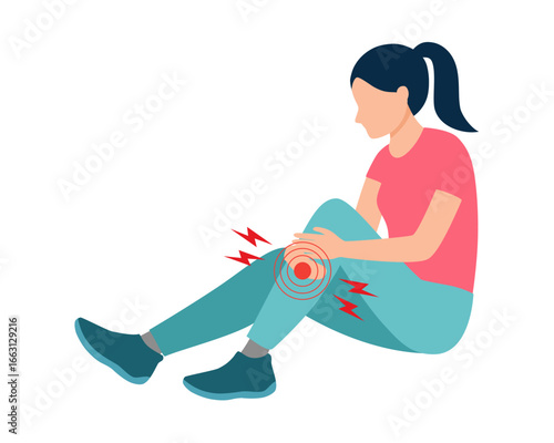 Unhealthy girl sit and suffer from knee pain. Unhappy unwell woman struggle with leg injury or trauma. 