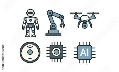Futuristic technology icons: robots, drones, and ai in modern design