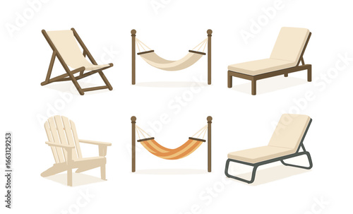 Elegant beach furniture collection featuring chairs and hammocks for relaxation