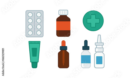 Modern medical supplies: capsule, bottle, dropper, and nasal spray in flat design