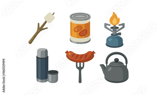 Camping equipment icons: stove, thermos, kettle, food, campfire essentials