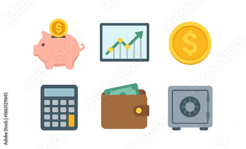 Finance icons set: piggy bank, growth chart, money wallet, calculator and safe