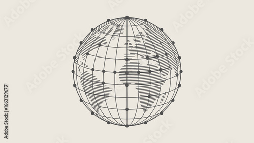 A drawing of the earth globe with grid lines and black dots on a light background in a graphic style