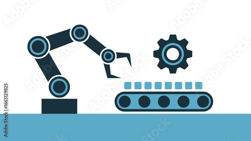 A robotic arm above a conveyor belt and a gear illustration on a blue and white background design art