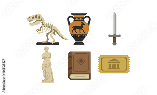 Museum artifacts collection: fossils, ancient vases, history, and artifacts in flat design