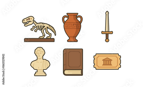 Icon set of historical artifacts: dinosaur, vase, sword, sculpture, book, ticket