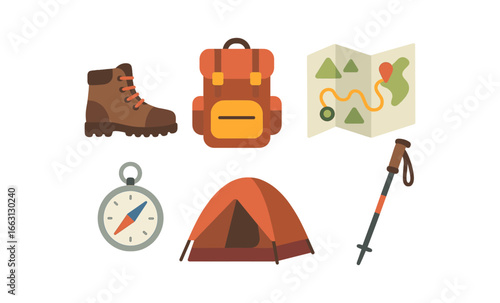Camping adventure icons: backpack, map, tent, compass, boot, walking stick