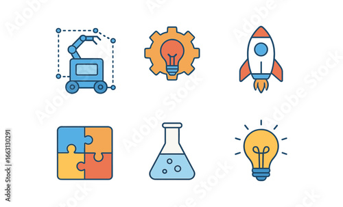 Set of neon glowing innovation icons: robot, gear, rocket, puzzle, flask, light bulb