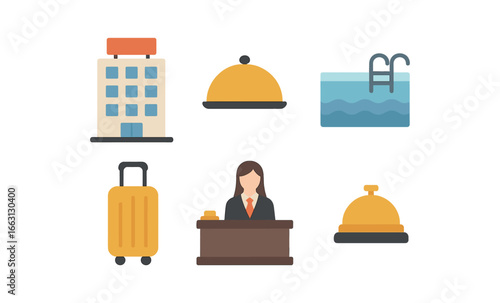 Flat style hotel service icons: reception, luggage, room service, swimming pool