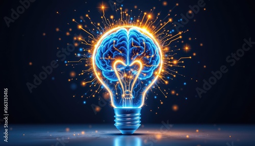 Creative representation of a glowing brain as a light bulb illuminating innovative ideas and concepts in a dark background