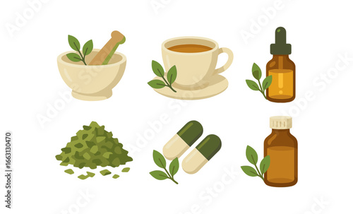 Herbal medicine set featuring tea, capsules, and essential oils with green leaves